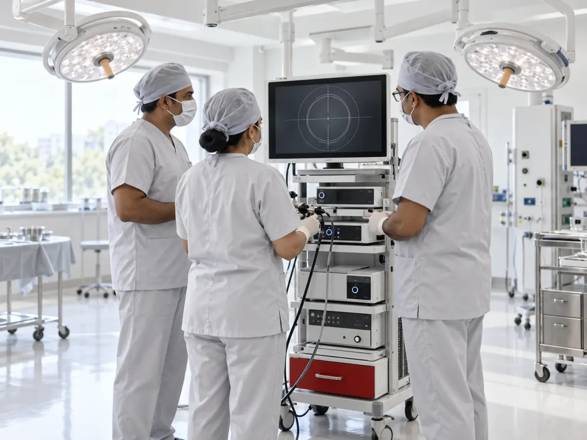 Surgical team preparing laparoscopic equipment in a modular operation theatre