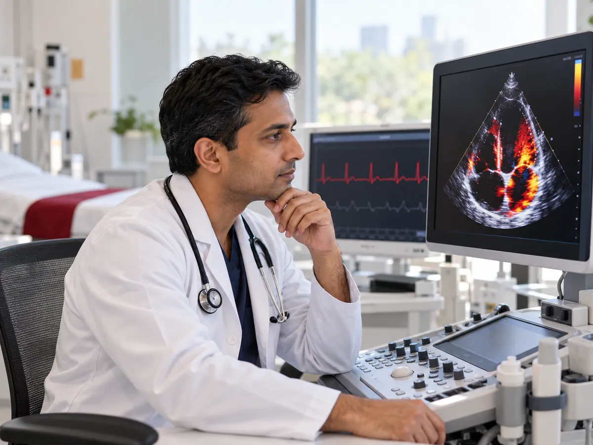Cardiologist reviewing an echocardiogram on a monitor