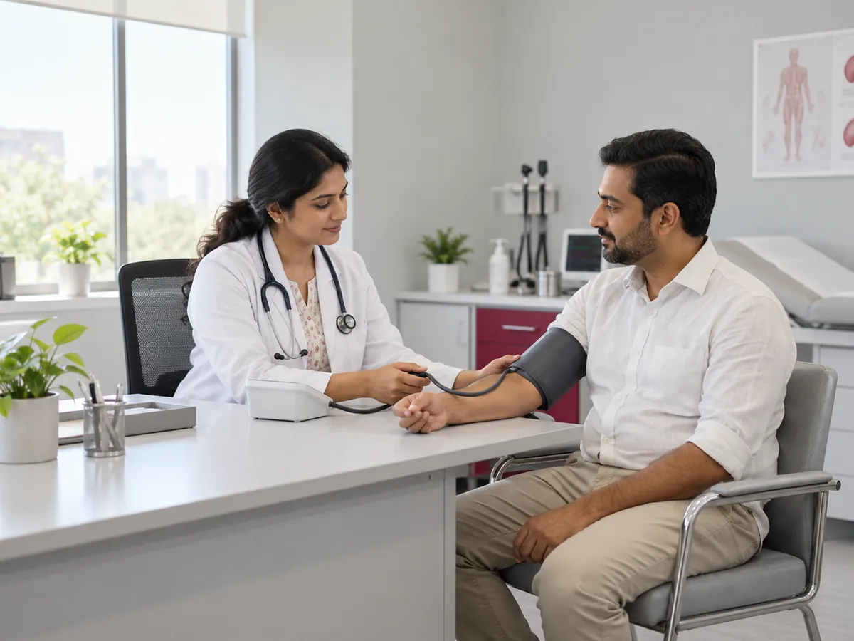 Physician checking blood pressure during an outpatient consultation
