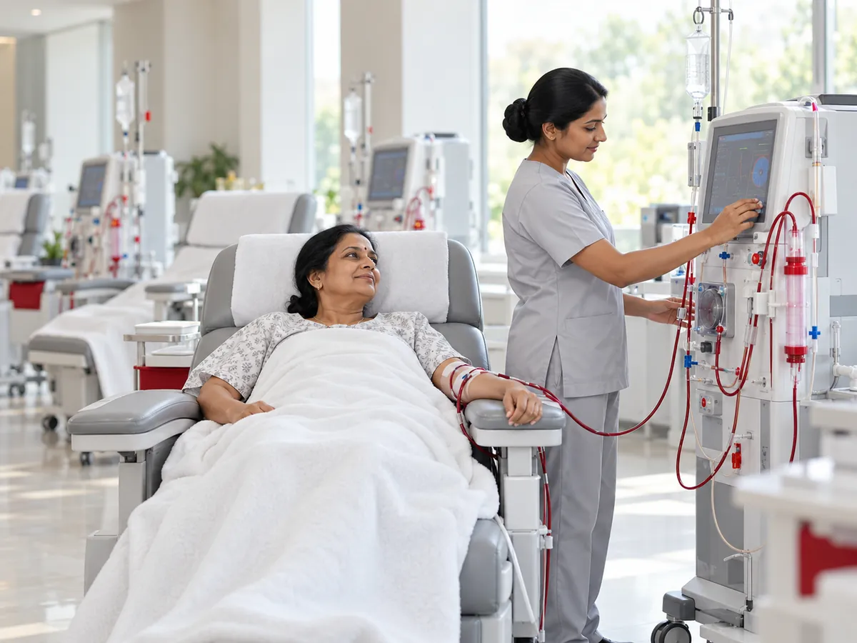 Nurse operating a dialysis machine beside a patient