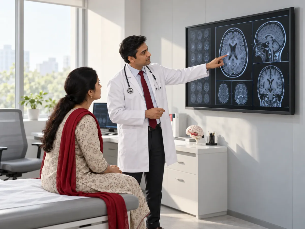 Neurologist reviewing brain MRI scans with a patient