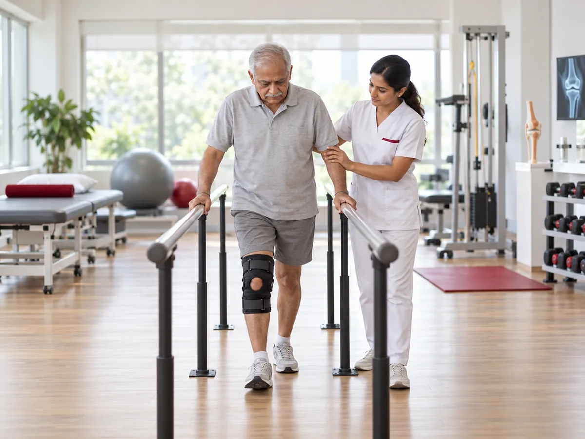Patient walking with a knee brace during joint replacement rehabilitation