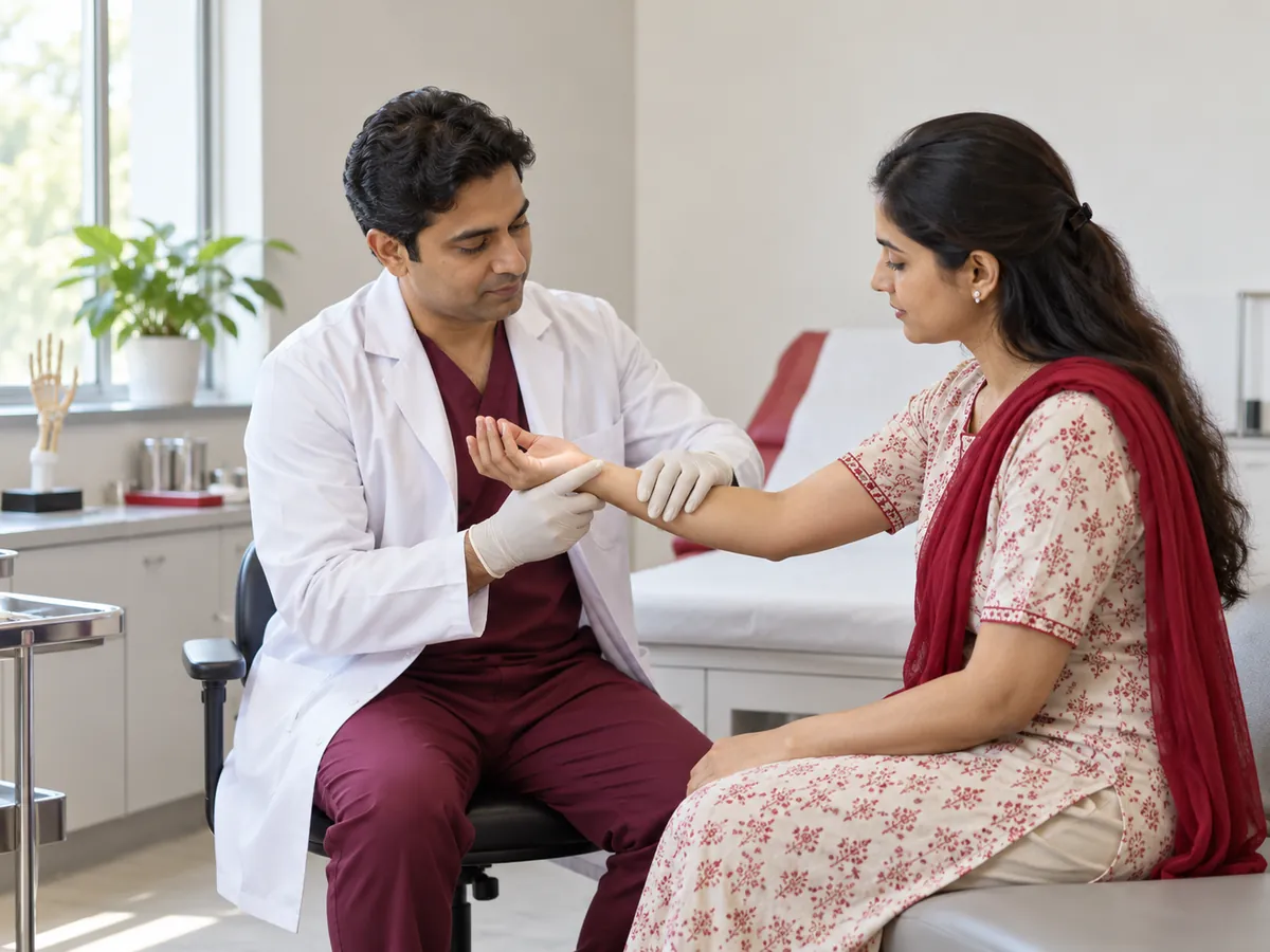 Plastic surgeon examining a patient during a reconstructive surgery consultation
