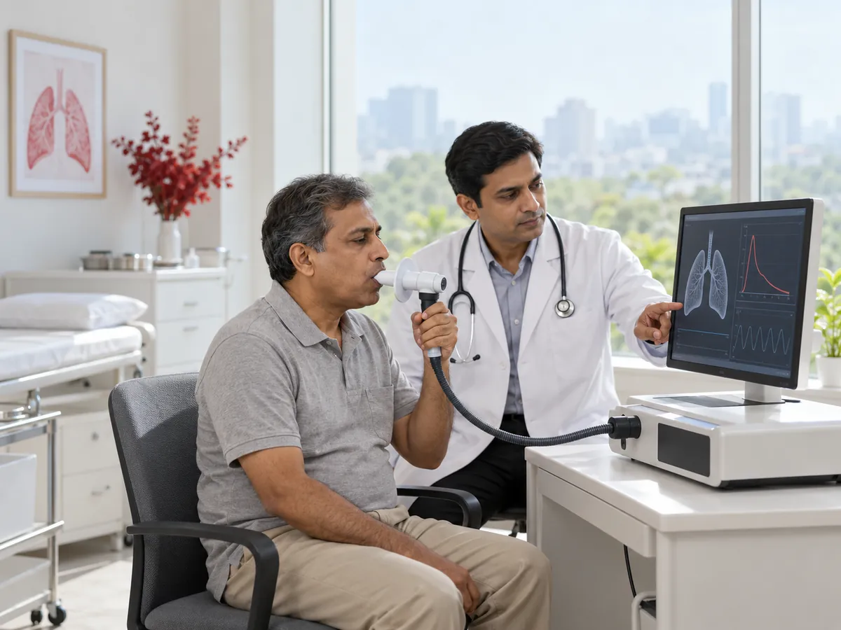 Patient taking a spirometry lung function test with a pulmonologist