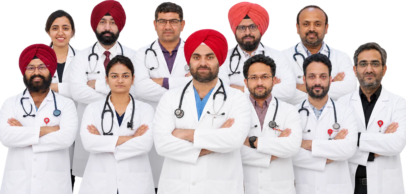 The consultant team at Oxford Hospital Jalandhar — eleven specialists in white coats